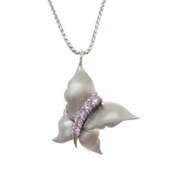 925 Sterling Silver Vintage Lavender C Z Butterfly Round Box Chain Necklace 16" - Picture 4 of 9